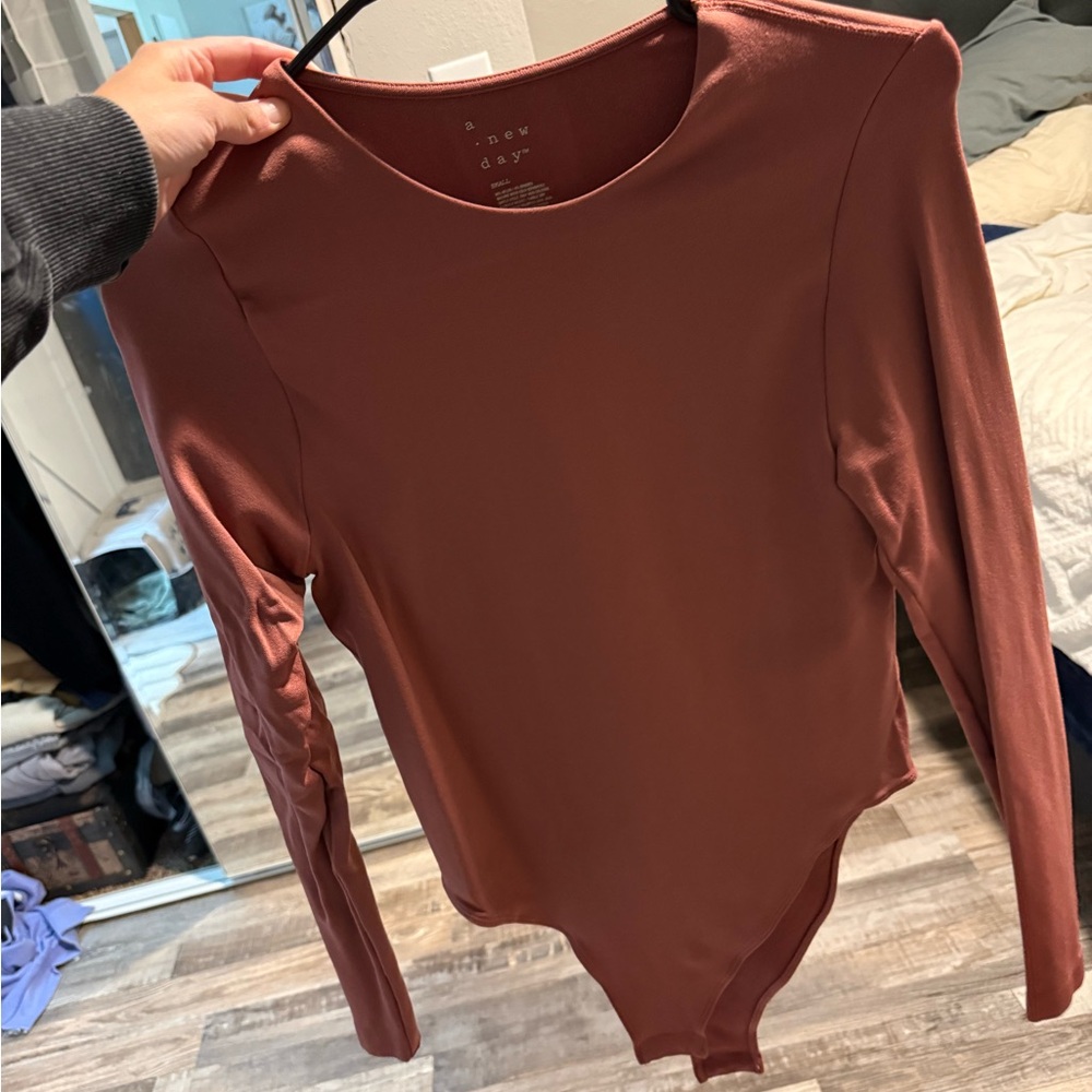 NWOT a new day Long-Sleeve Rust-Brown Scoop Neck Bodysuit